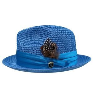 MONTIQUE MEN'S AQUA COLOR PINCH BRAIDED FEDORA WITH MATCHING SATIN RIBBON. H34
